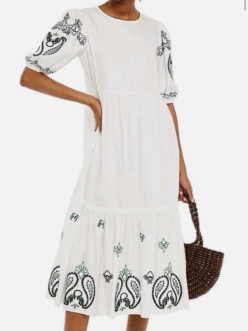Tory Burch White Midi Dress with Black & Green Embroidery Sz M NWOT